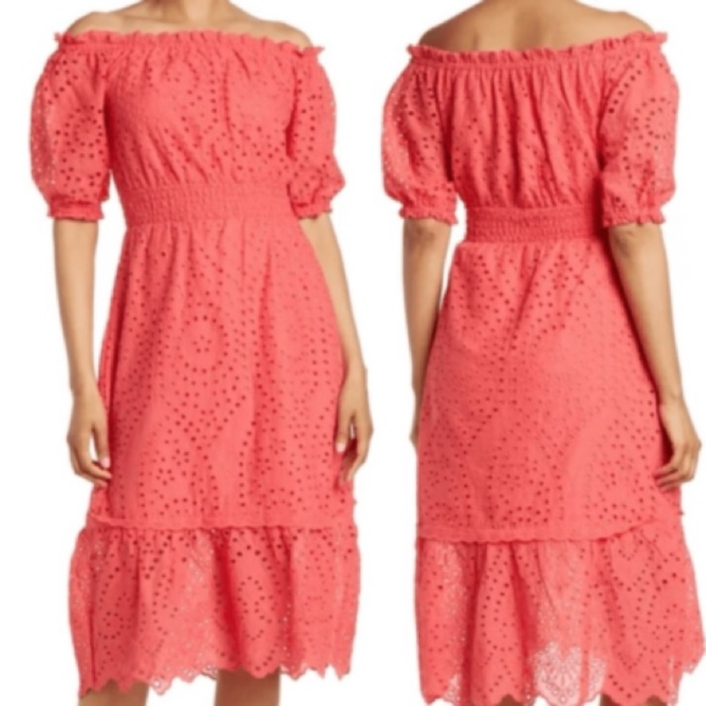 Betsey Johnson Midi Dress Size Small Retro Eyelet Off The Shoulder Coral Pink